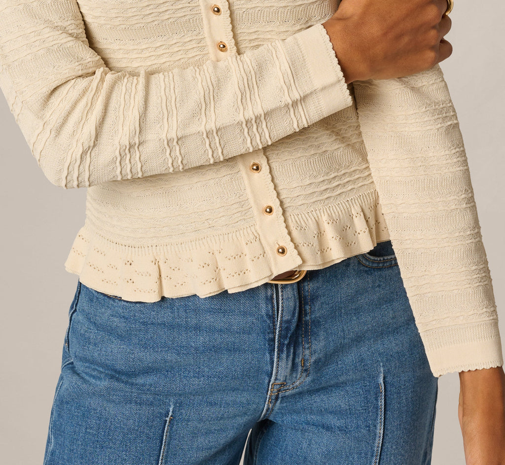 Ruffle Hem Cable Knit Cardigan Sweater In Cream
