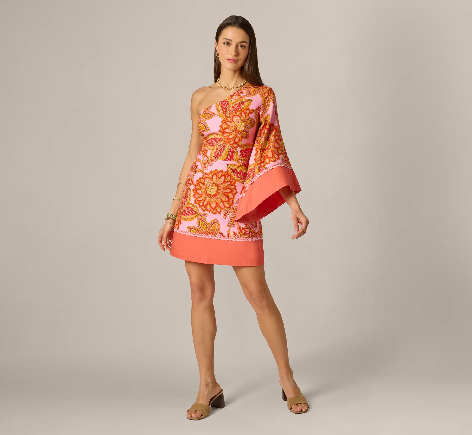 One Shoulder Bell Sleeve Paisley Short Dress In Pink Multi
