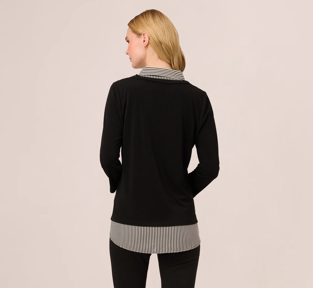 Three Quarter Sleeve Sweater With Button Down Accents In Blackw Black Ivorysmall Stripe