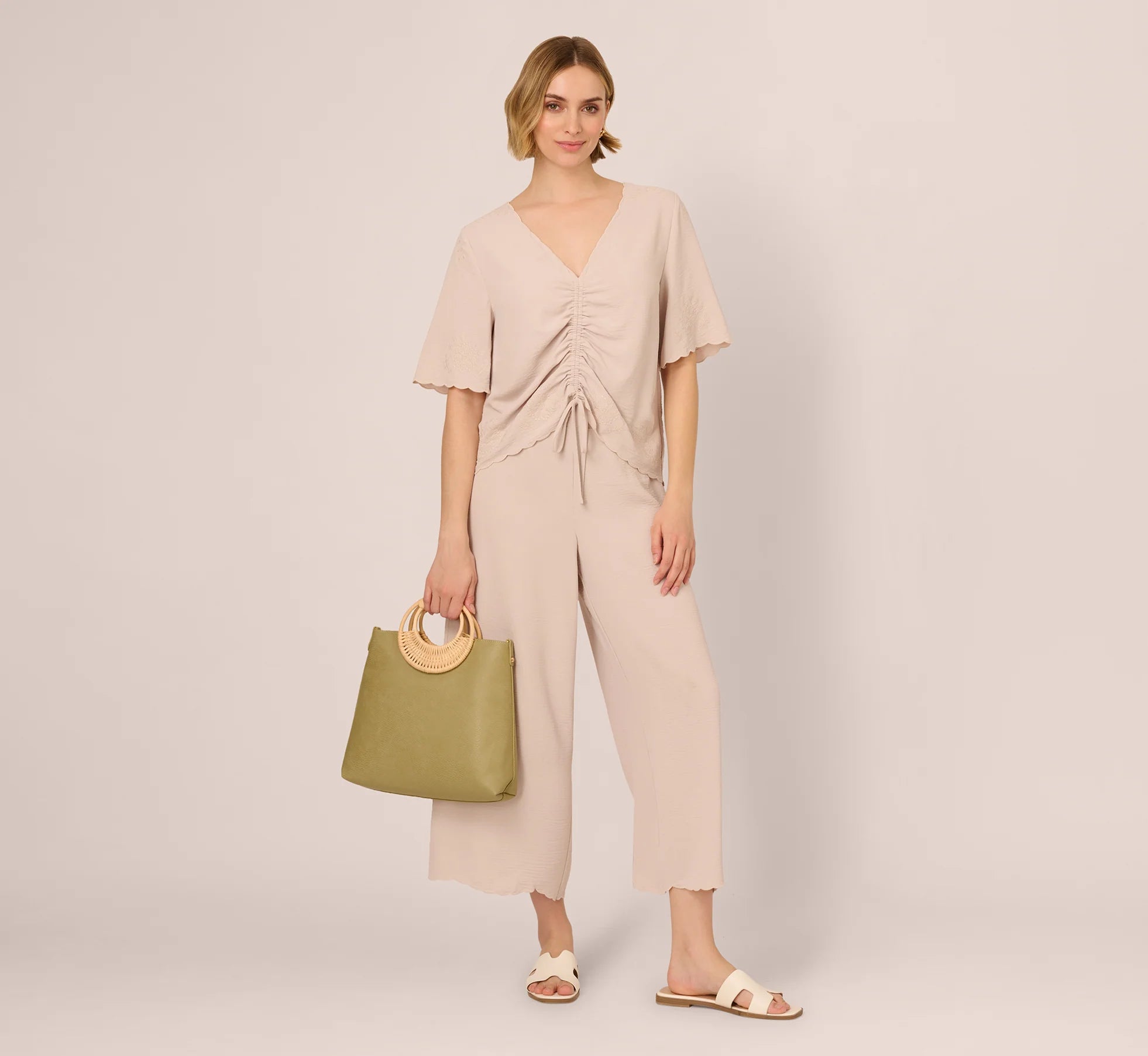 Embroidered Airflow Top And Wide Leg Pant Set In Pebble