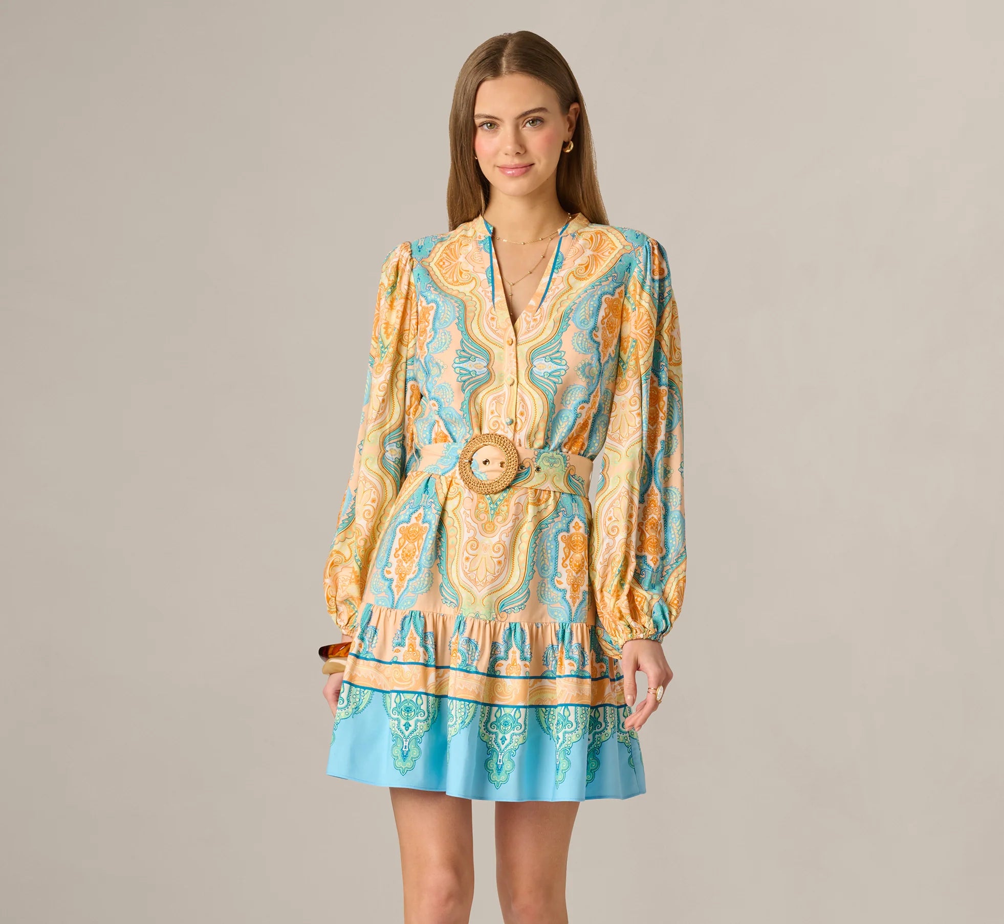 Bishop Sleeve Paisley Print Belted Short Dress In Peach Multi