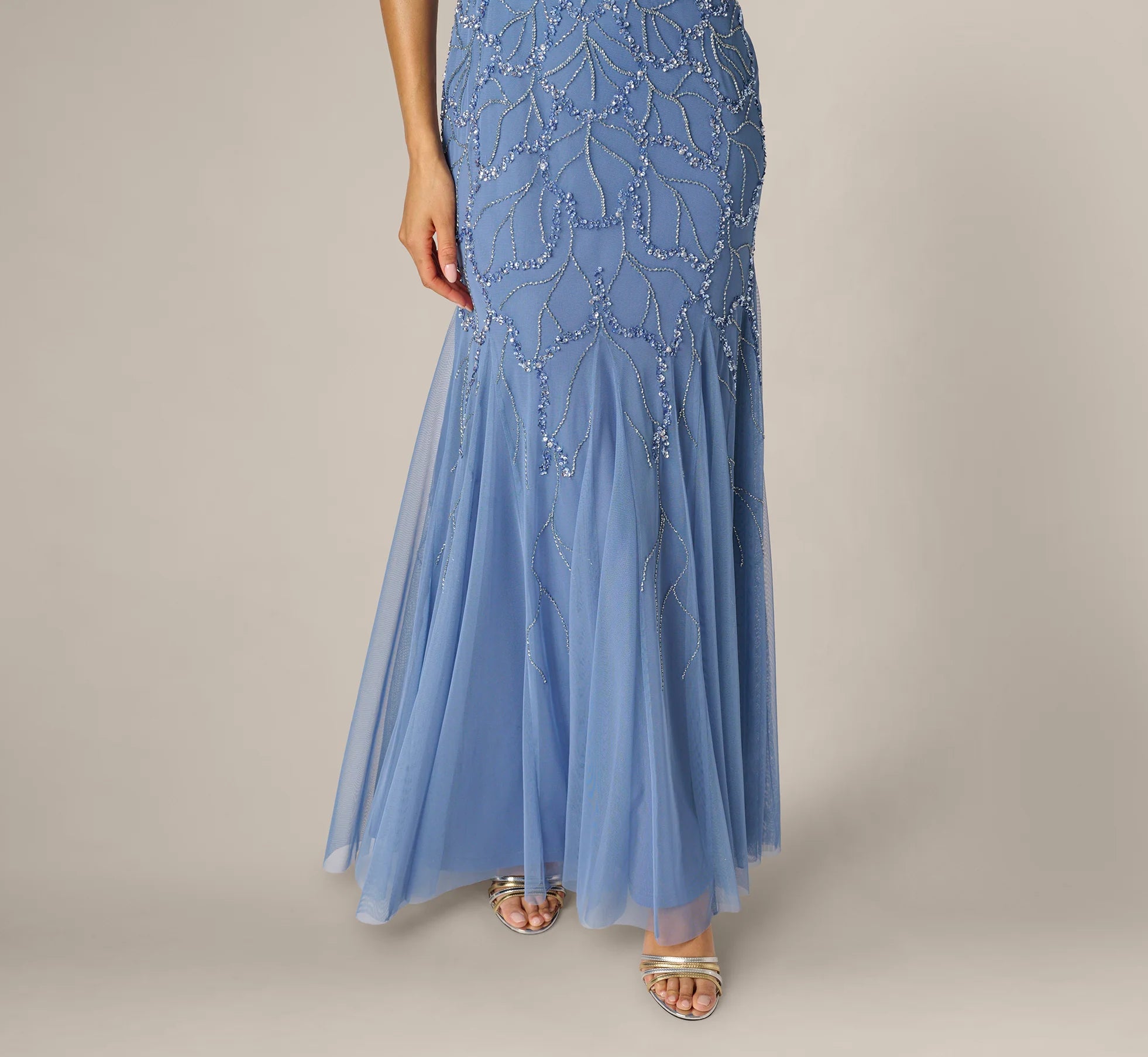 Flutter Sleeve Surplice Beaded Gown In French Blue