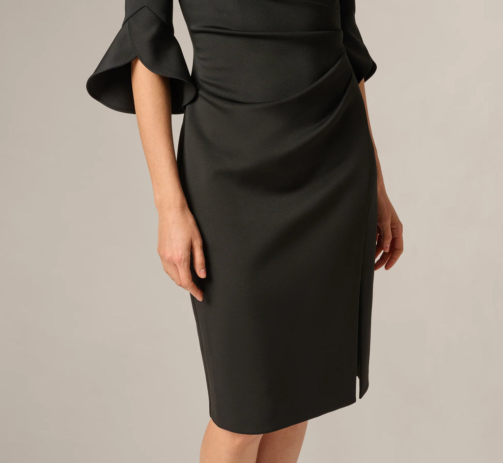Three Quarter Sleeve Faux Wrap Midi Dress In Black