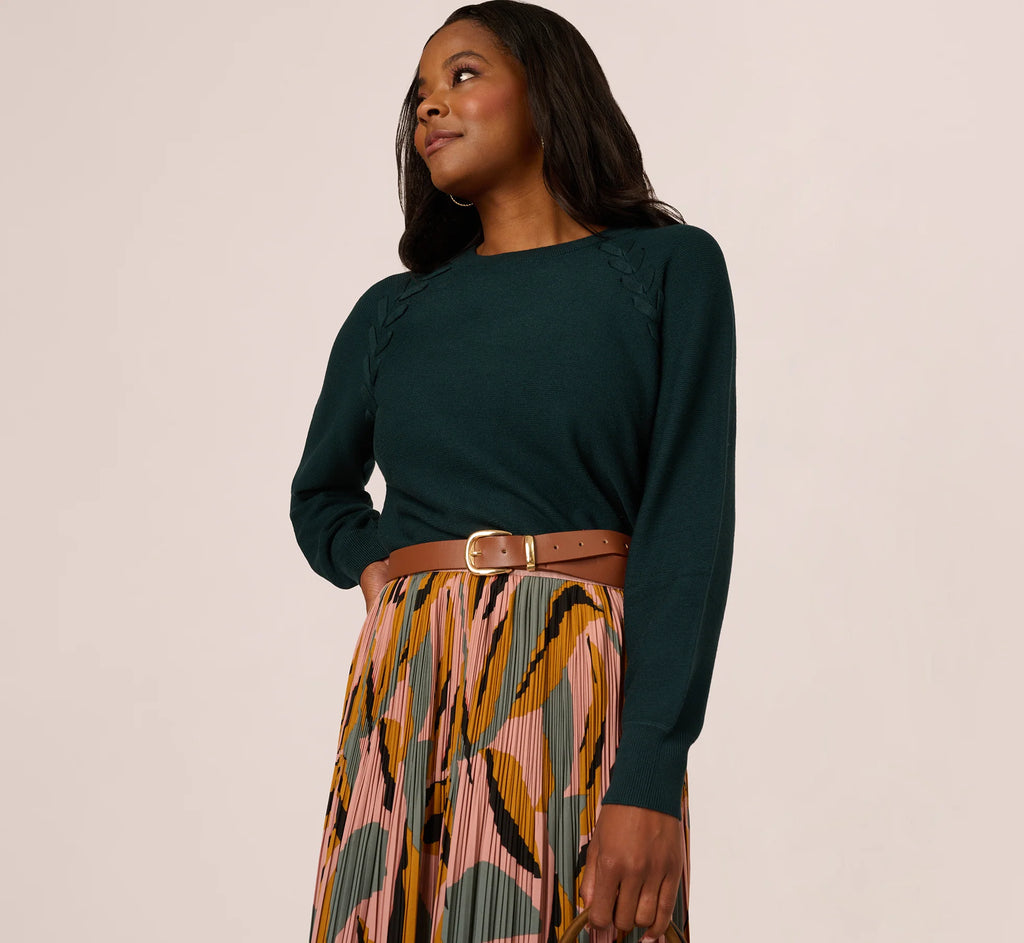 Long Sleeve Laced Raglan Sweater In Forest Teal