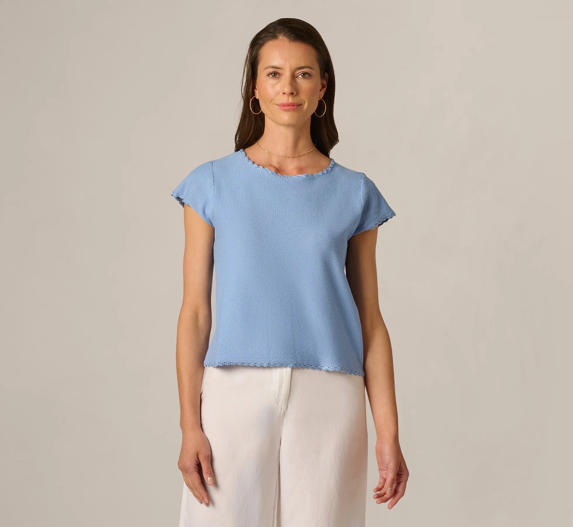 Cap Sleeve Crochet Scallop Sweater Top In Classic Blue