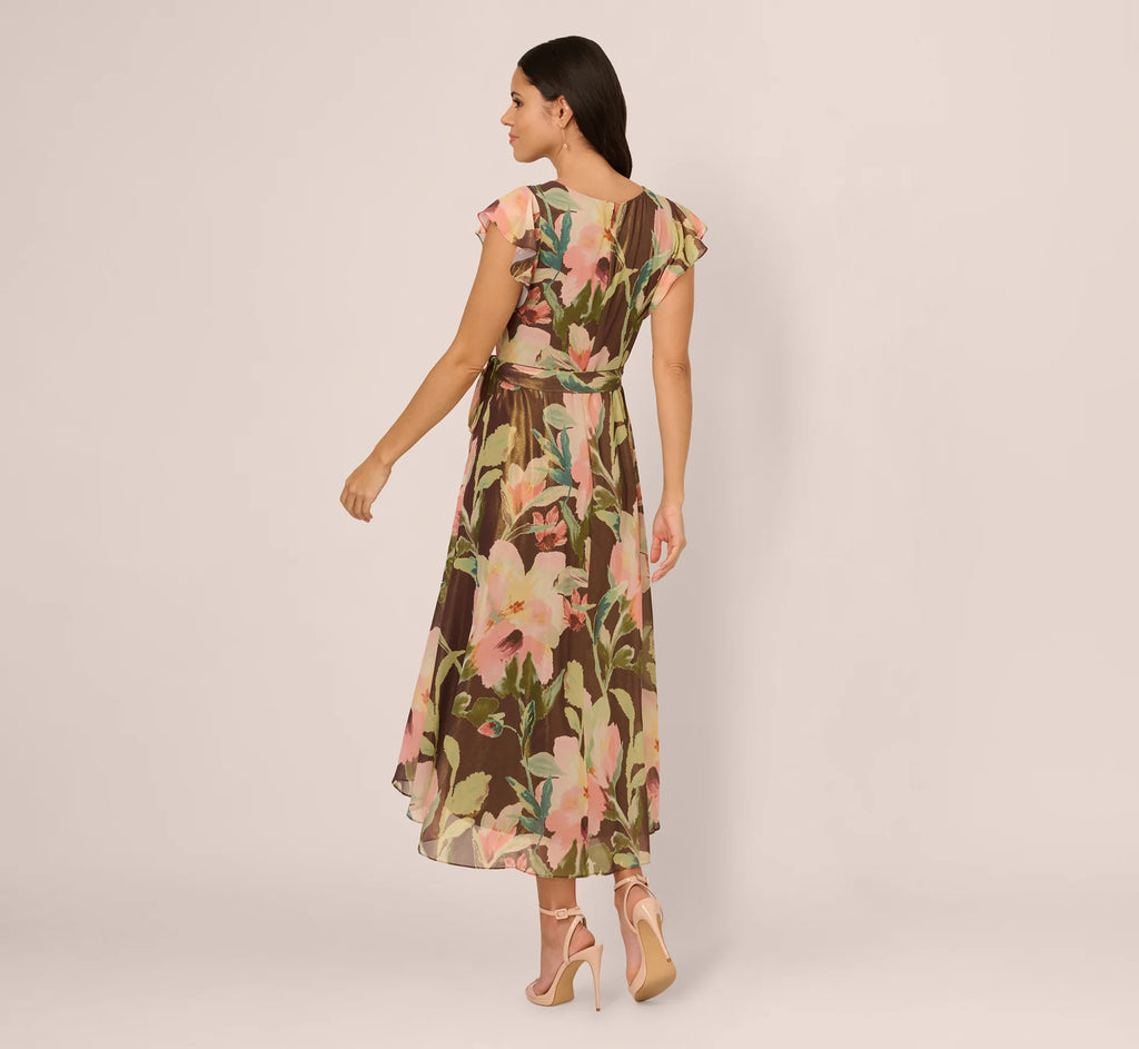 Flutter Sleeve High Low Midi Wrap Dress In Brown Multi