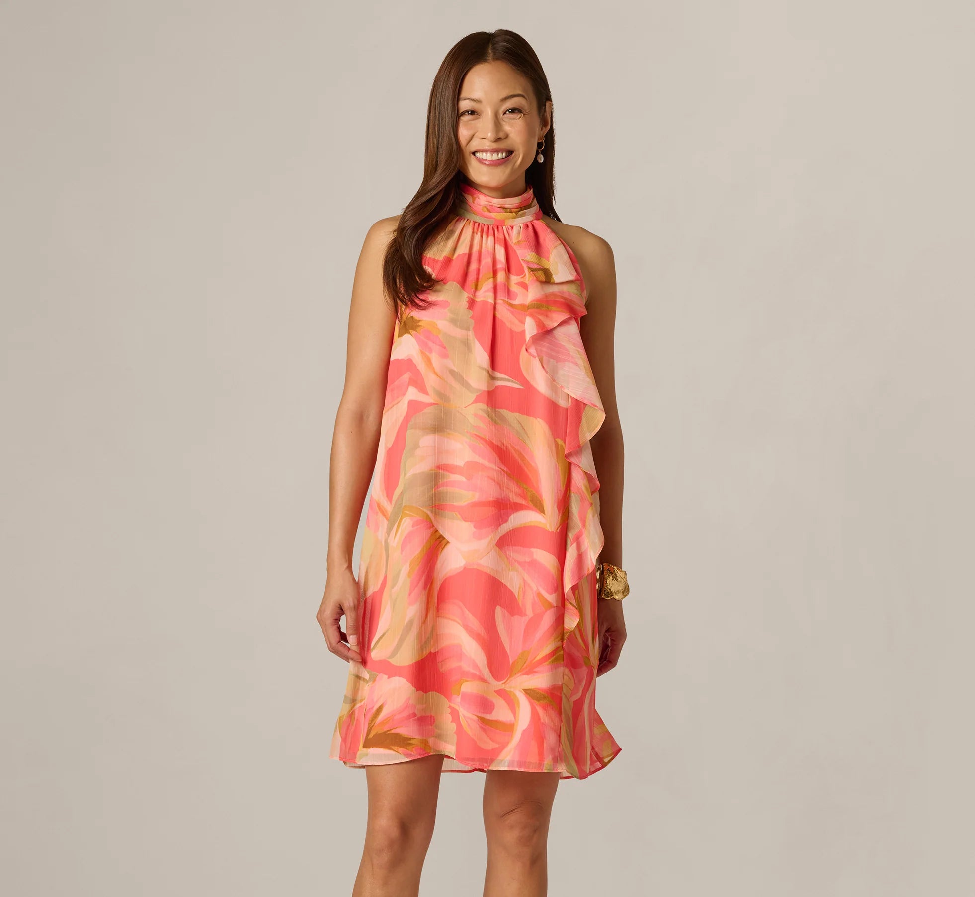 Draped Petal Floral Short Trapeze Dress In Coral Multi