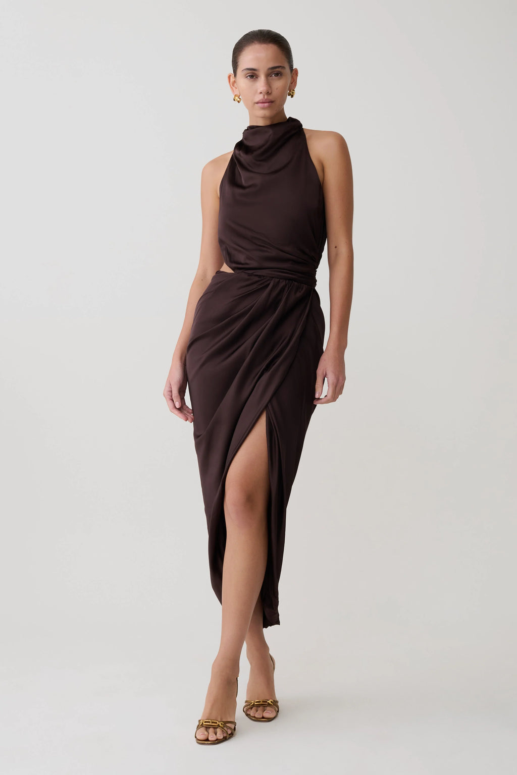 Aveline Draped Halter Midi Dress - Dark Chocolate