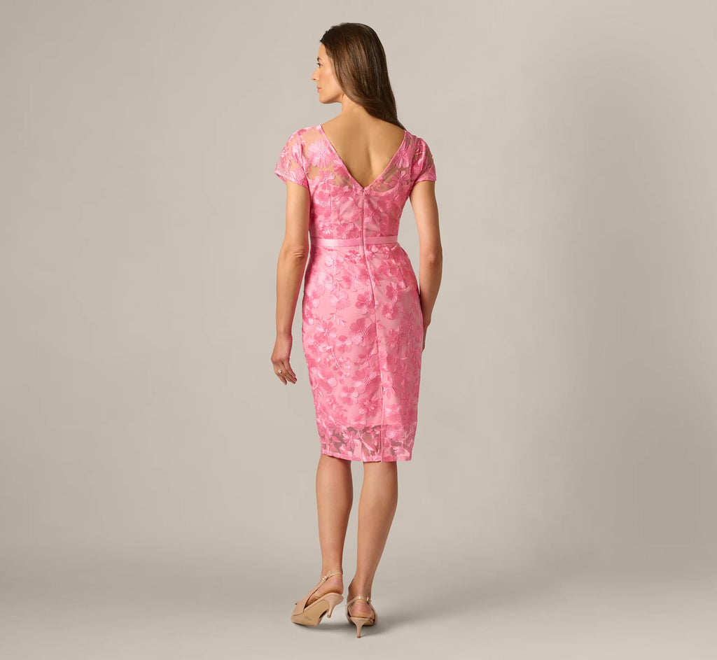 Short Sleeve Embroidered Illusion Sheath Dress In Cherry Blossom