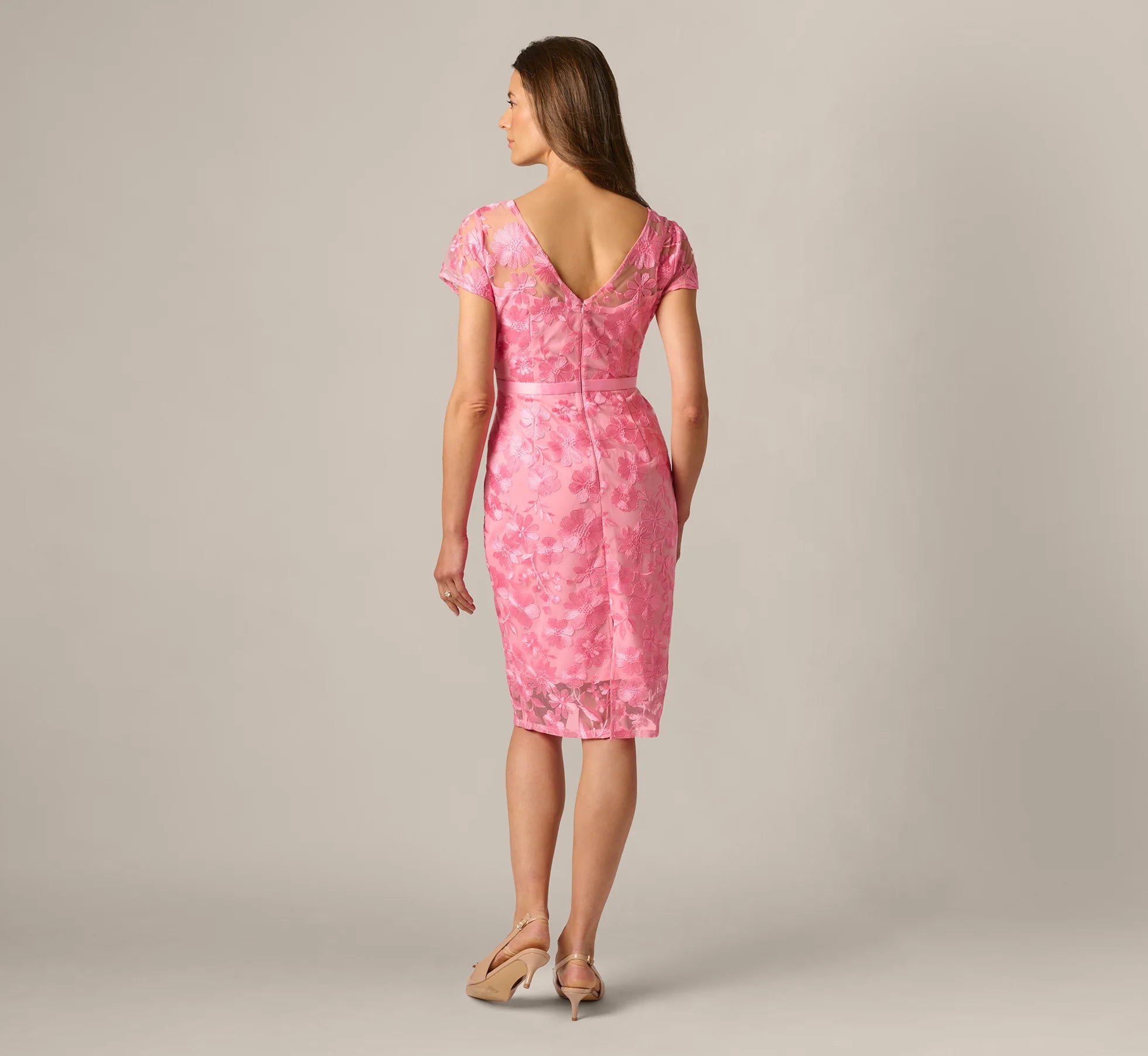Short Sleeve Embroidered Illusion Sheath Dress In Cherry Blossom