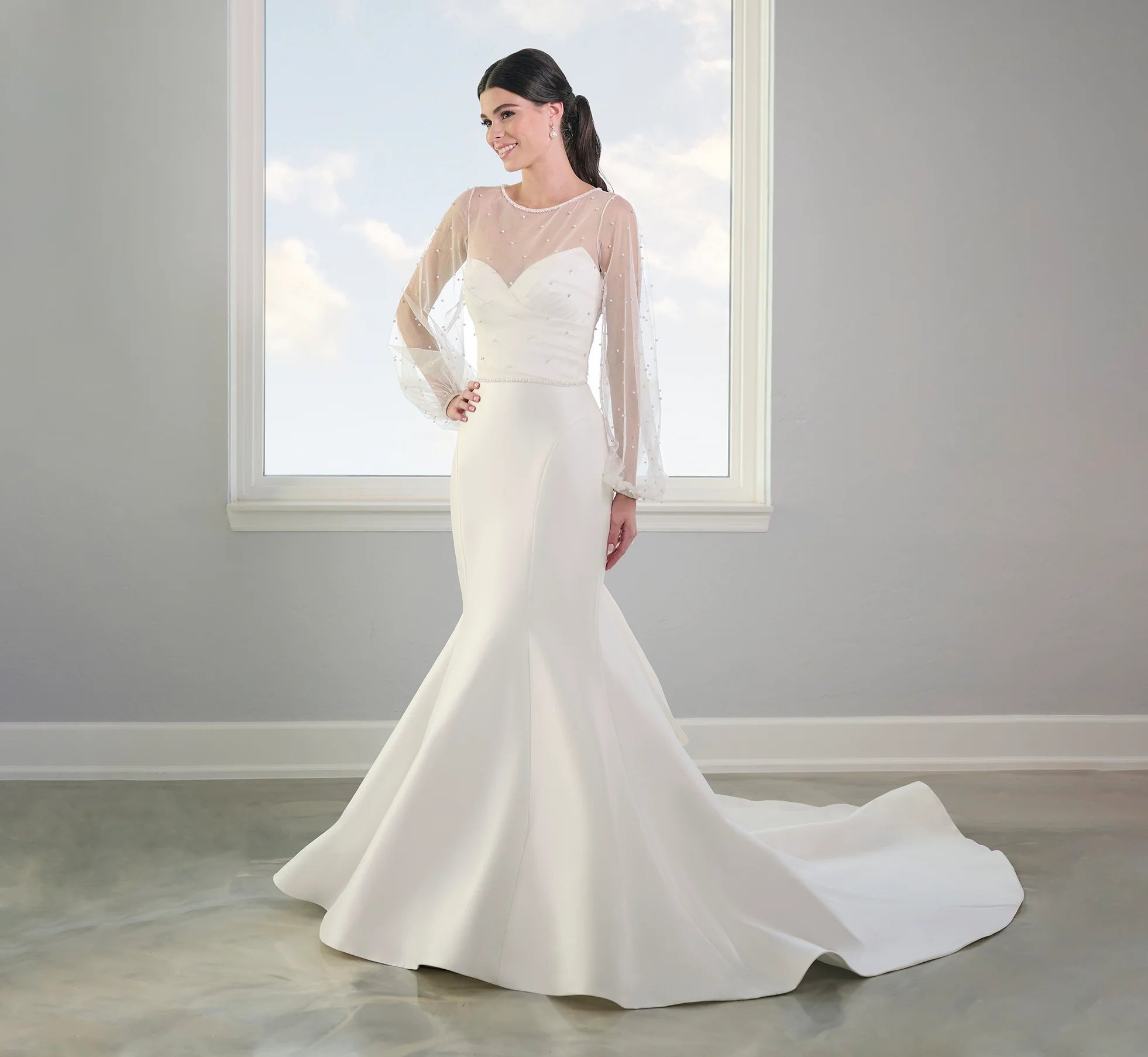 Stretch Mikado Gown With Studded Pearl Jacket In Ivory
