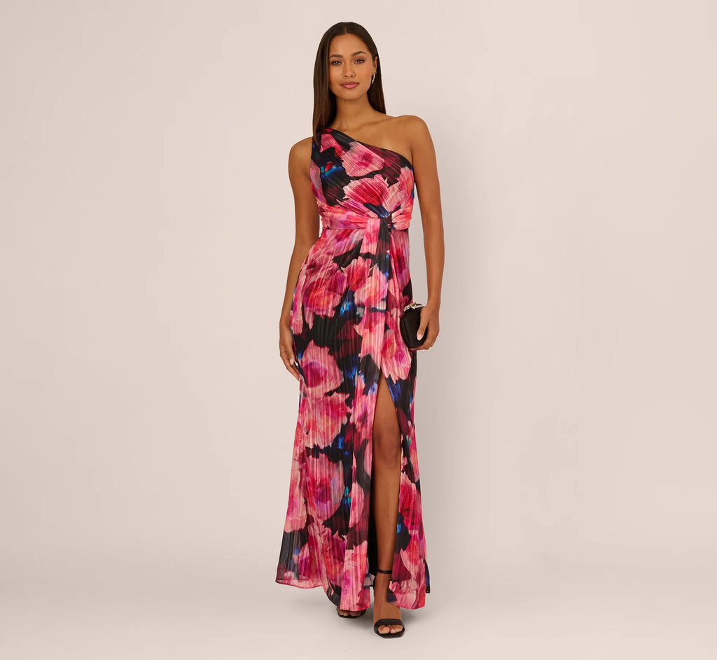Floral Print Chiffon Gown With One Shoulder Neckline In Black Berry