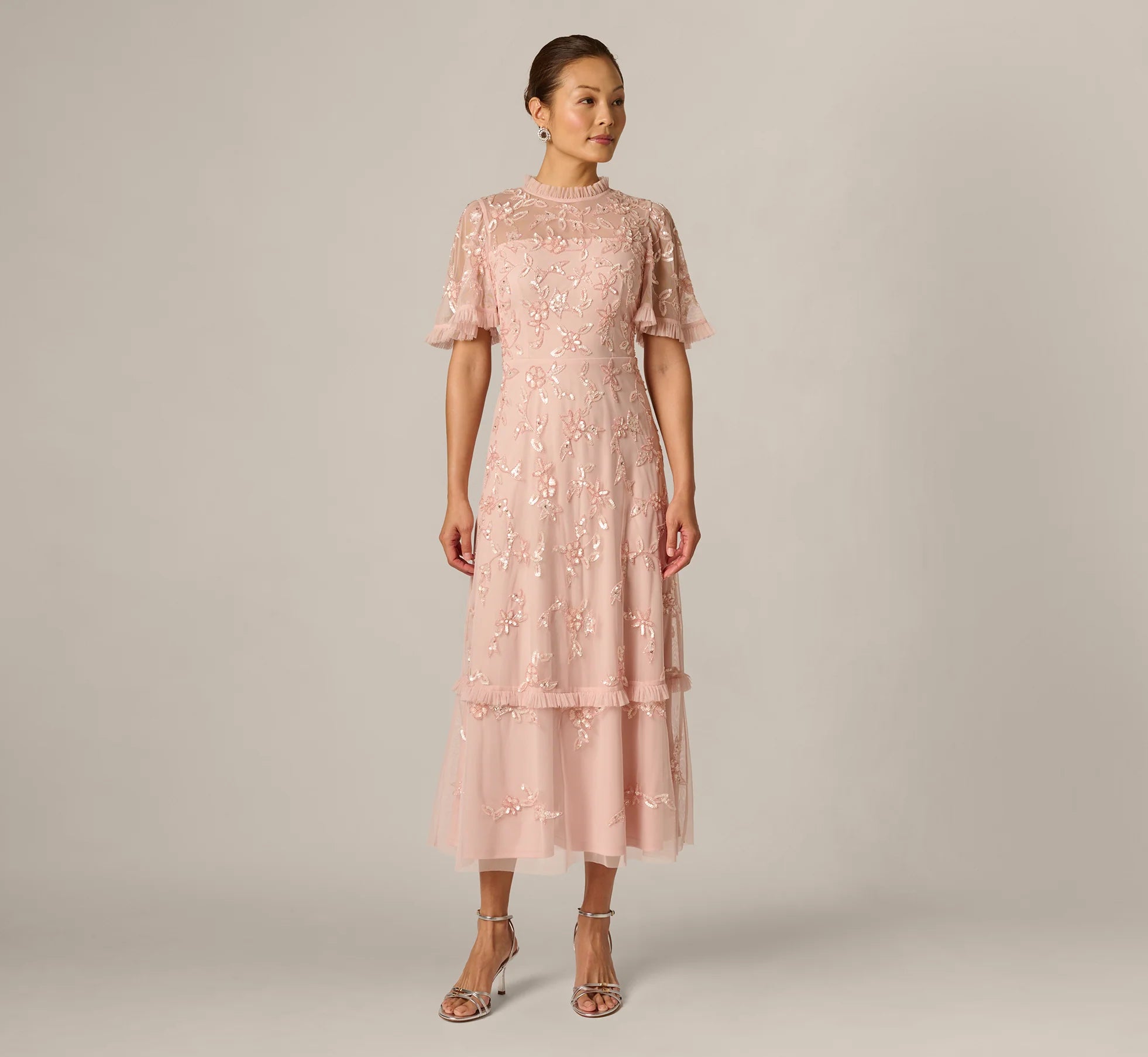 Flutter Sleeve Ruffle Floral Beaded Midi Dress In Blush Whisper
