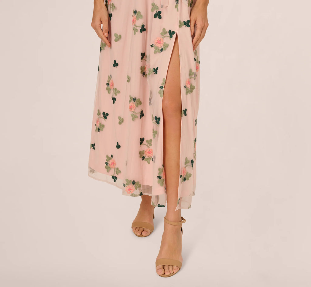 Floral Embroidered Maxi Dress With Sheer Flutter Sleeves In Blush Multi