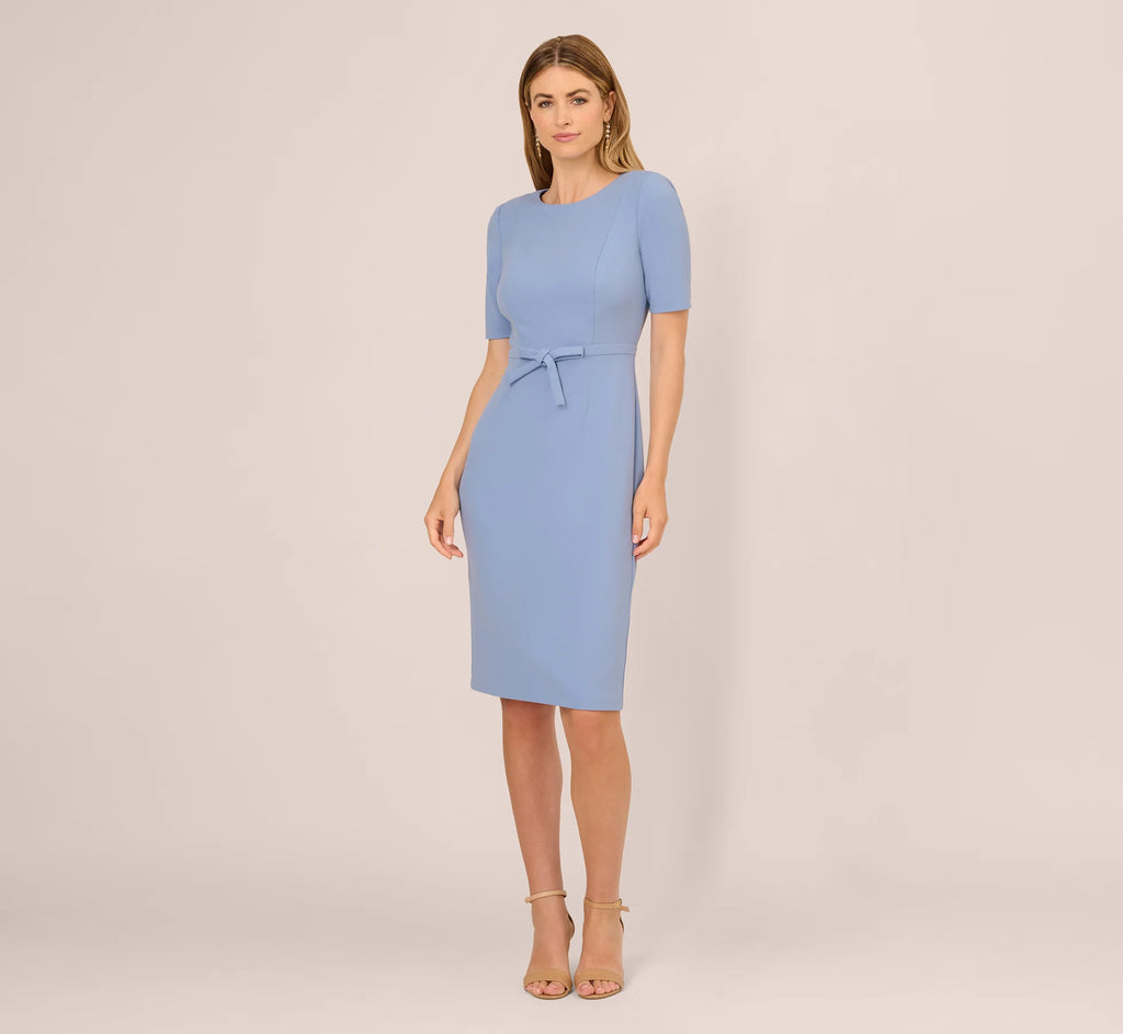 Short Sleeve Bow Waist Sheath Dress In French Blue