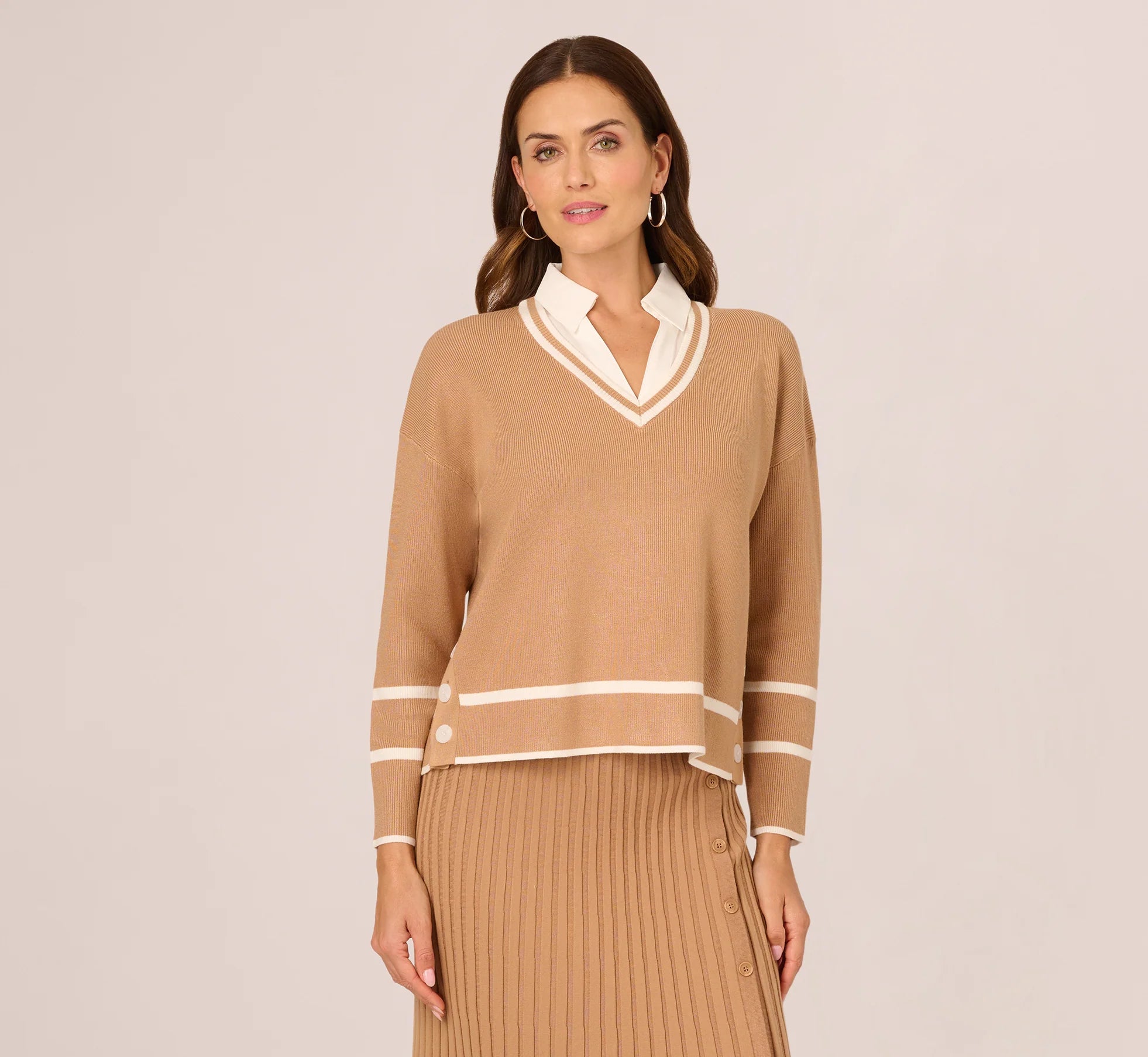Long Sleeve Drop Shoulder Twofer Sweater In Golden Camel Ivory