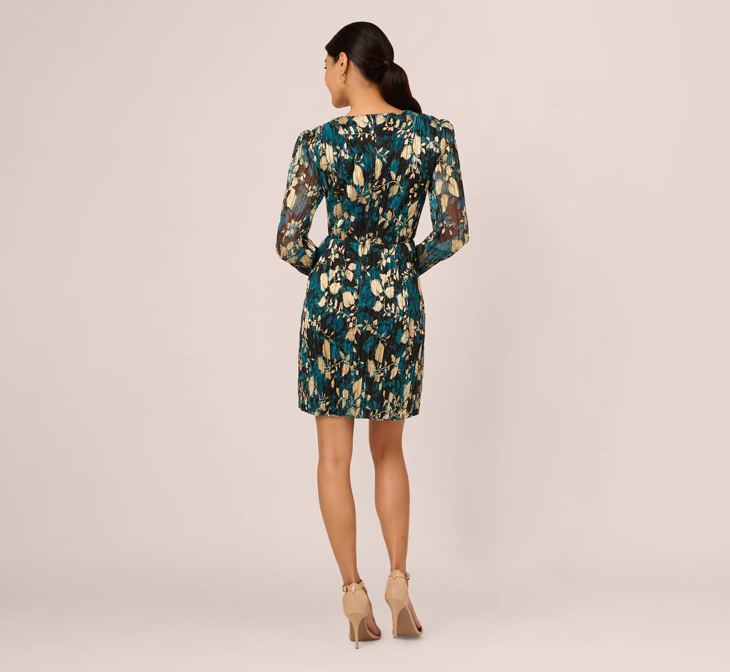 Crinkle Foil Wrap Dress In Teal Sapphire Gold