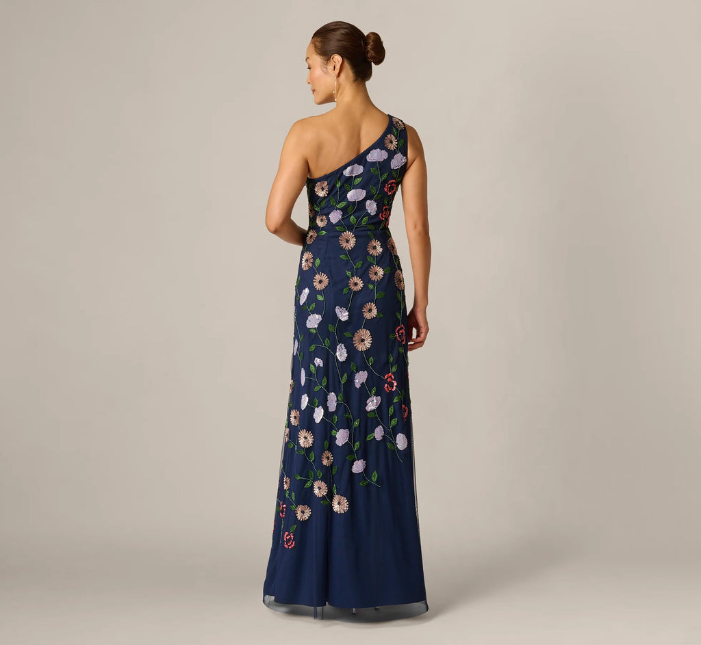 One Shoulder Floral Garden Beaded Gown In Navy Multi
