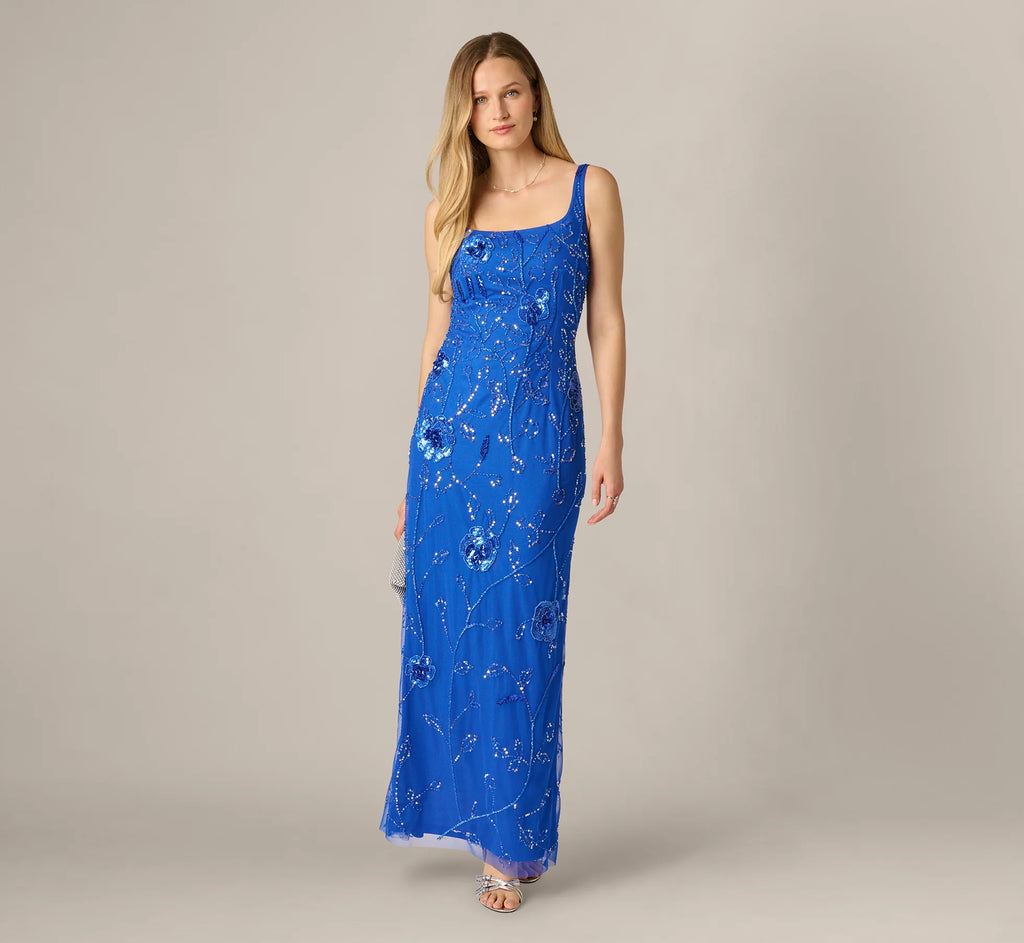 Sleeveless Floral Beaded Column Dress In Brilliant Sapphire