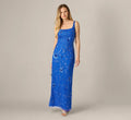 Sleeveless Floral Beaded Column Dress In Brilliant Sapphire