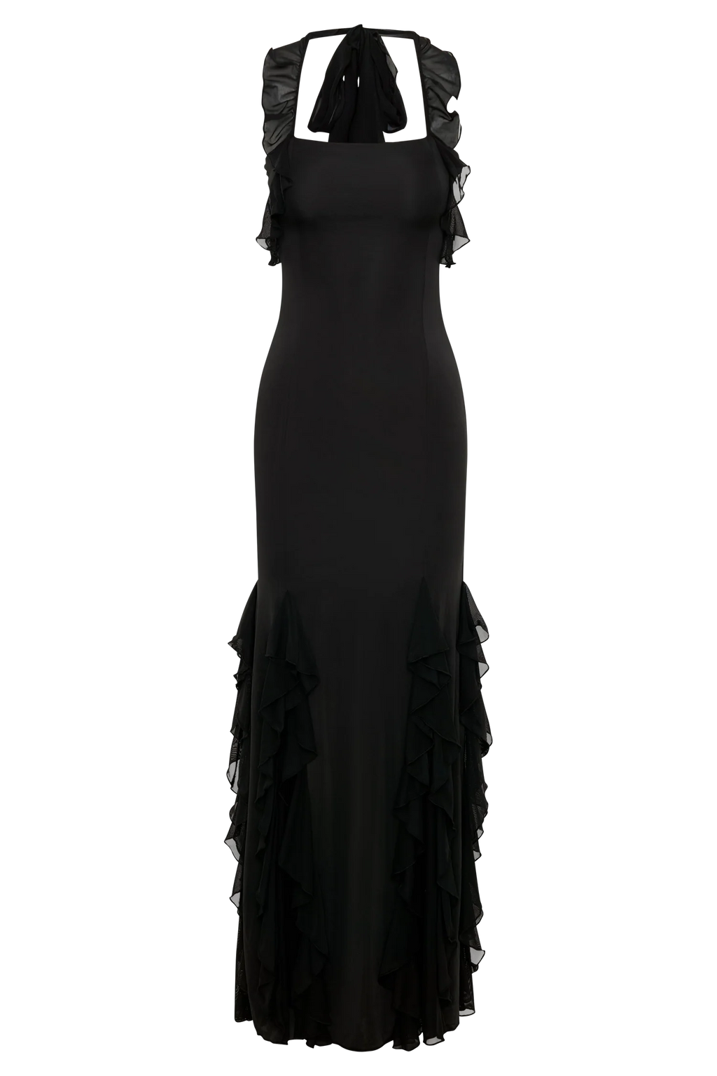 Etta Ruffle Slinky Maxi Dress - Black