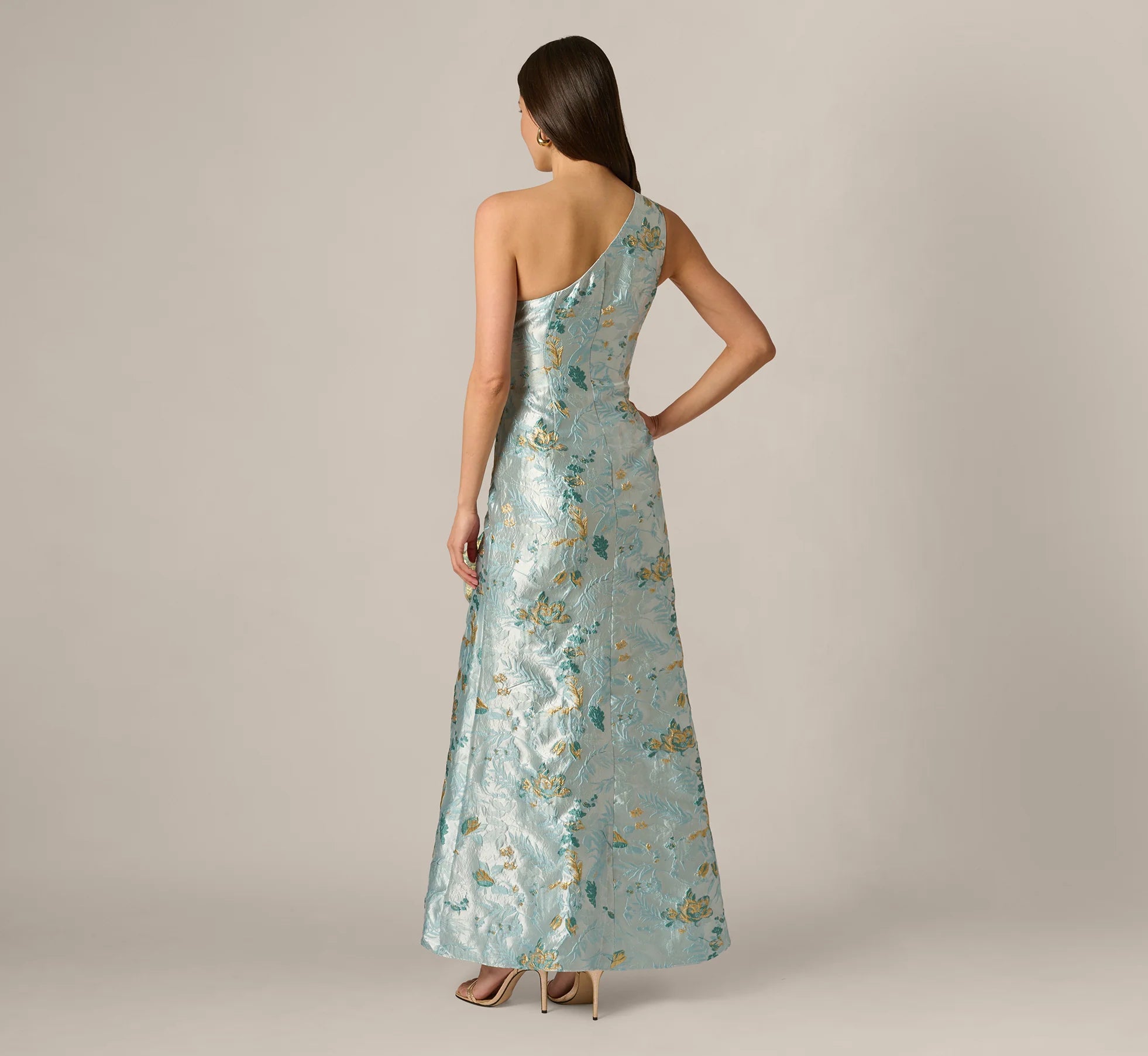 One Shoulder Floral Jacquard Rosette Gown In Blue Multi