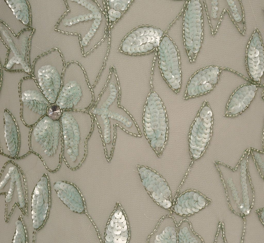 Plus Size Hand Beaded Short Sleeve Floral Godet Gown In Frosted Sage