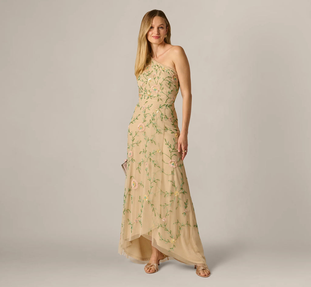 One Shoulder Floral Vine Beaded High Low Gown In Light Champagne