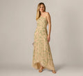 One Shoulder Floral Vine Beaded High Low Gown In Light Champagne