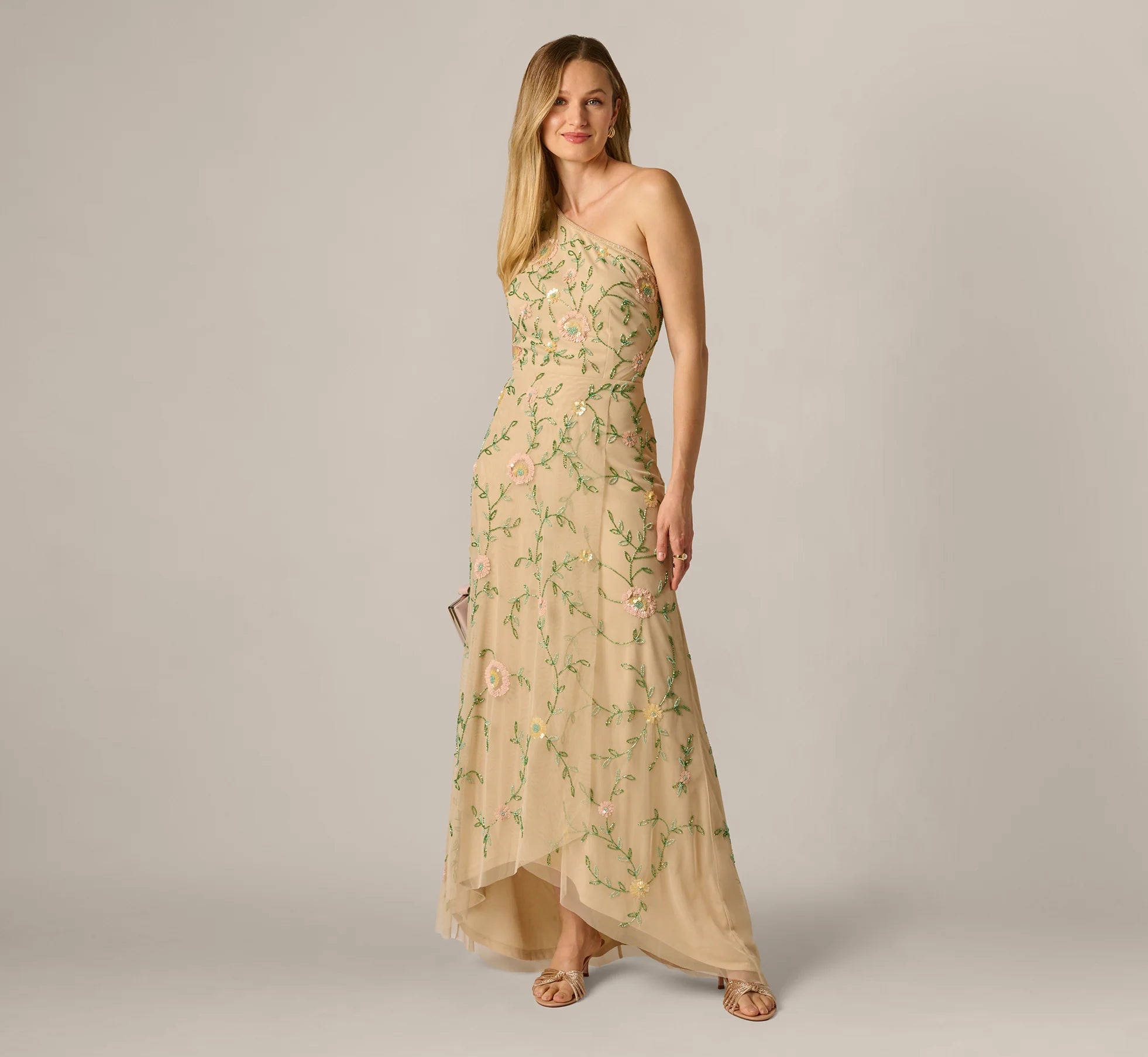 One Shoulder Floral Vine Beaded High Low Gown In Light Champagne