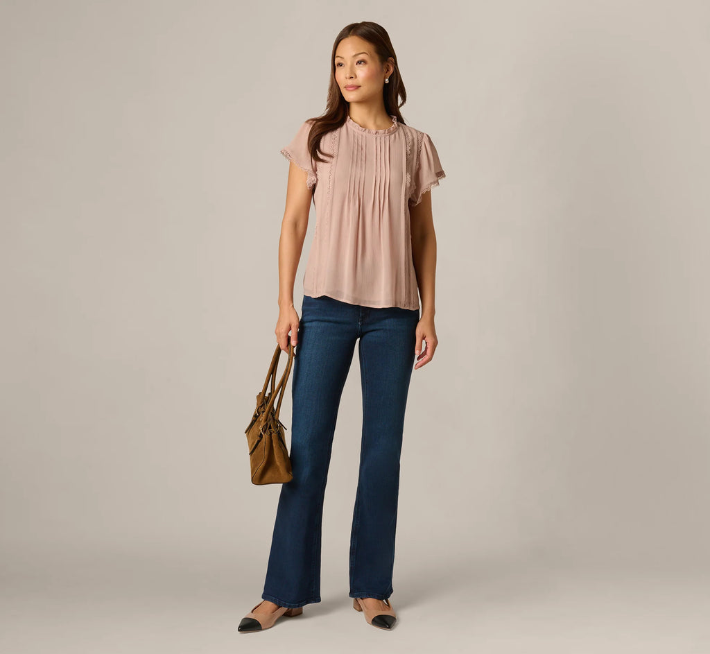 Flutter Sleeve Lace Pintuck Top In Simply Taupe
