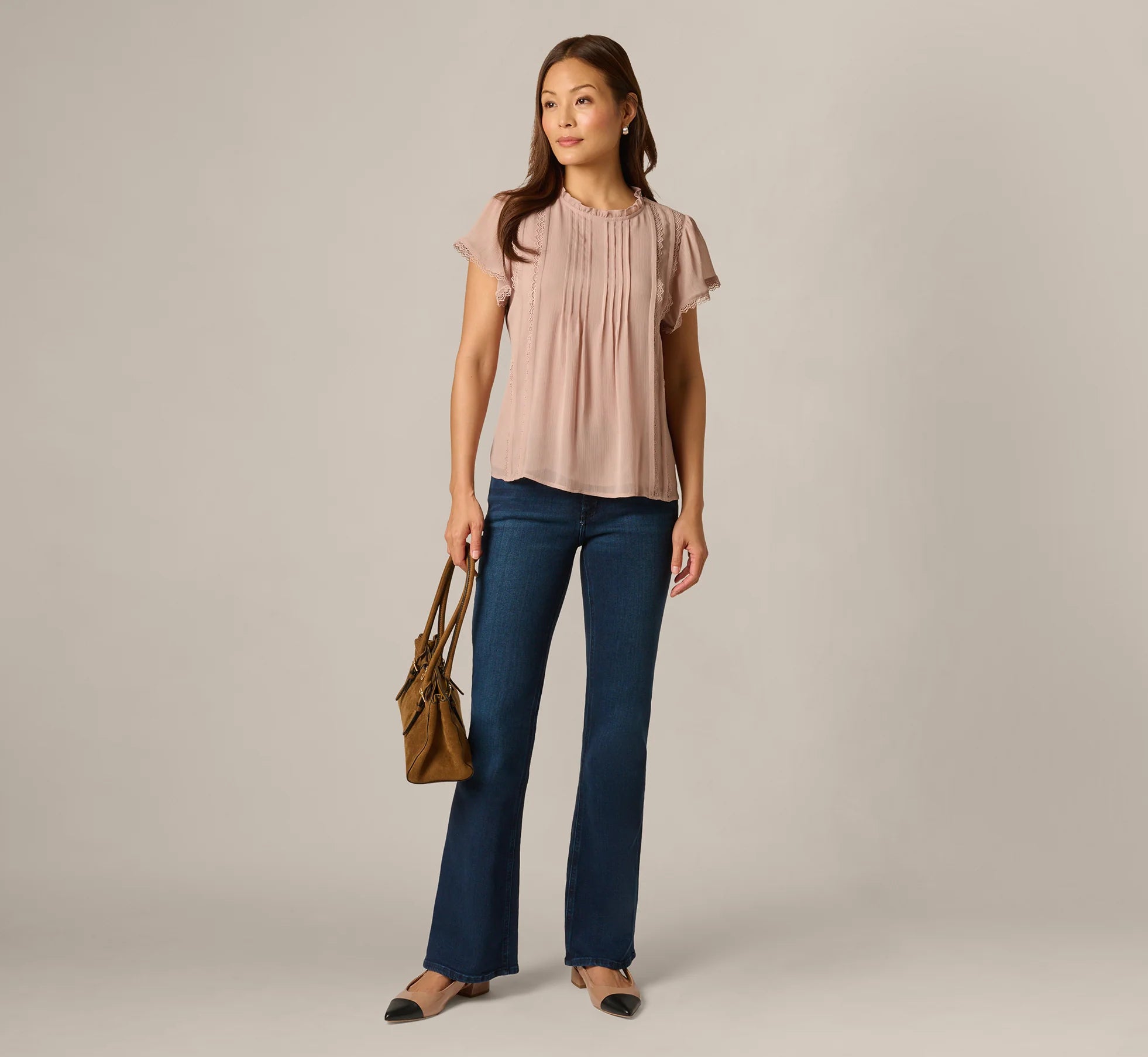 Flutter Sleeve Lace Pintuck Top In Simply Taupe