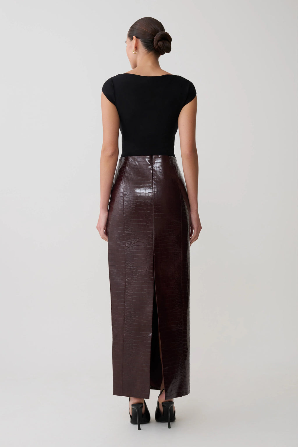 Thalia Croc Faux Leather Midi Skirt - Merlot