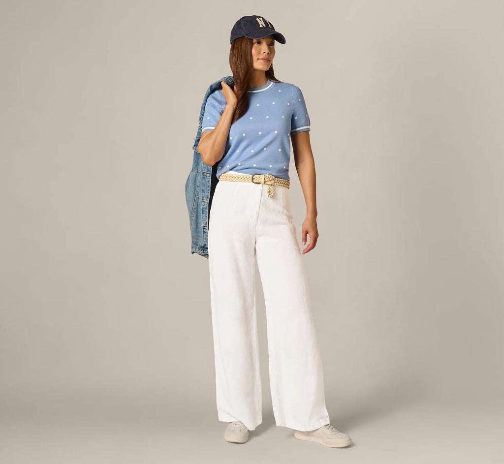 Short Sleeve Chain Patterned Knit Top In Classic Blue Medium Simple Dot