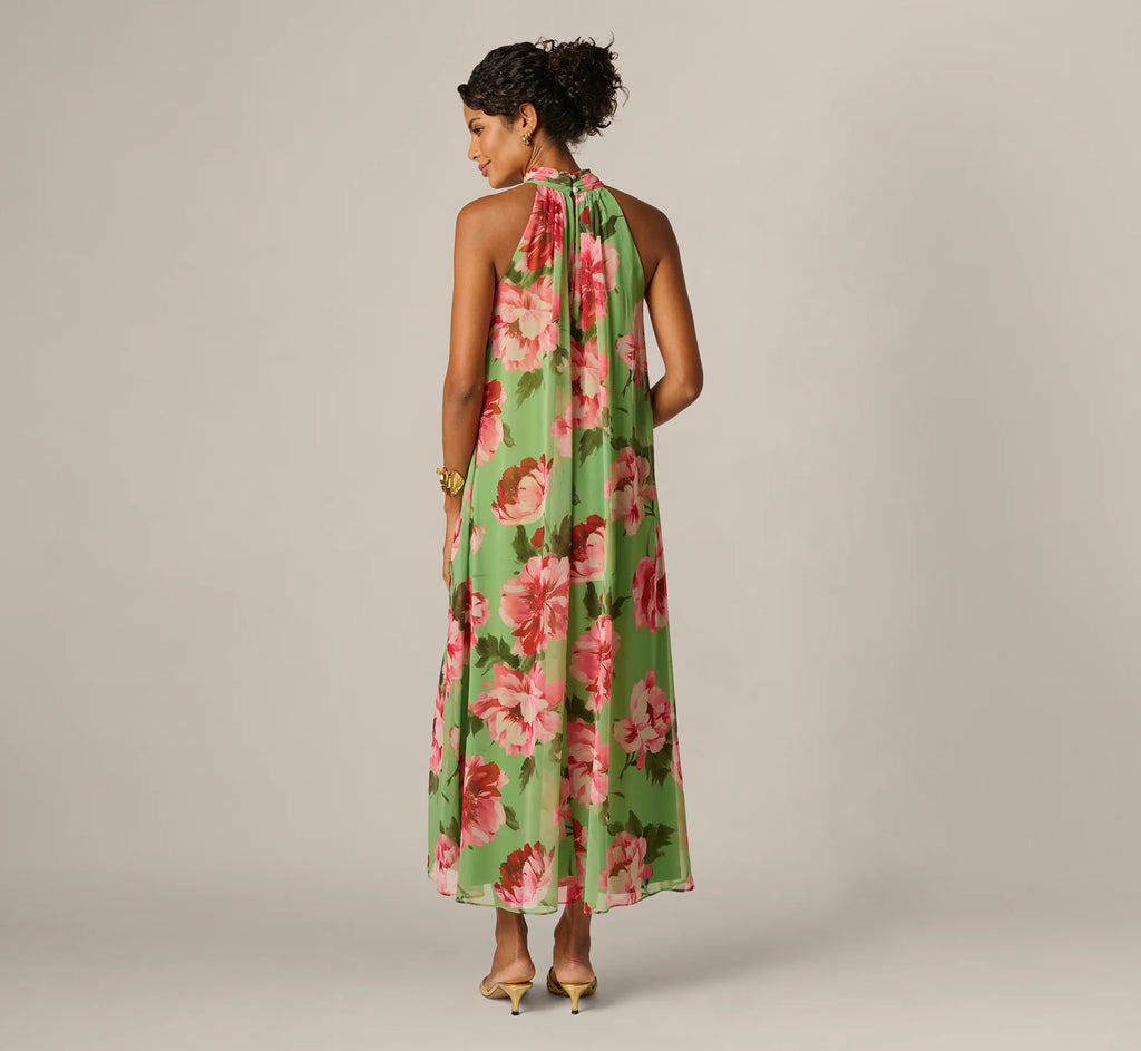 Draped Floral Chiffon Halter Trapeze Gown In Lime Multi