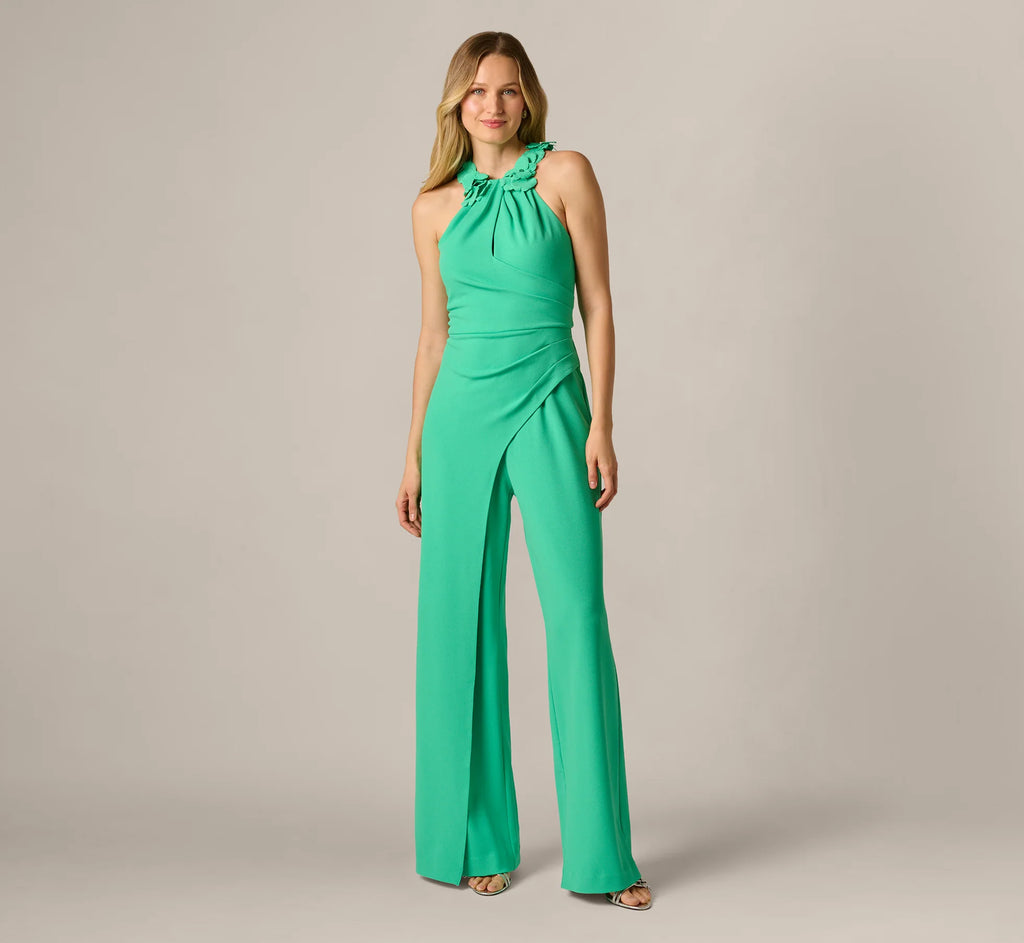 3D Floral Stretch Halter Jumpsuit In Flora Green