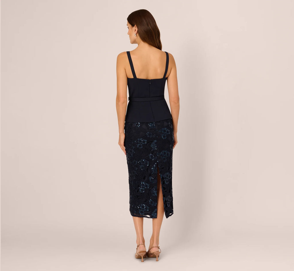 Sleeveless Sequin Lace Combo Midi Dress In Midnight