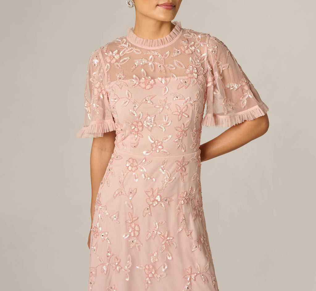 Flutter Sleeve Ruffle Floral Beaded Midi Dress In Blush Whisper