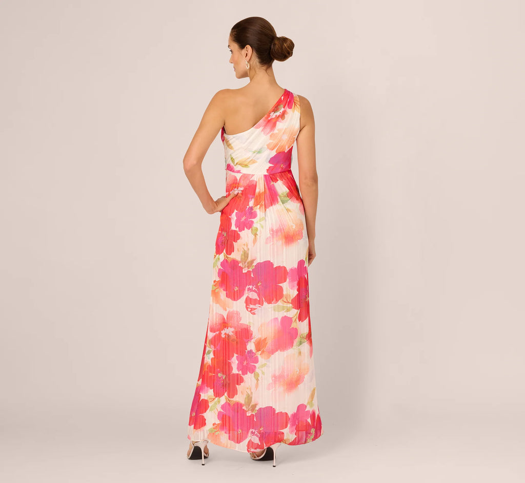 One Shoulder Watercolor Floral Stripe Gown In Ivory Pink Multi
