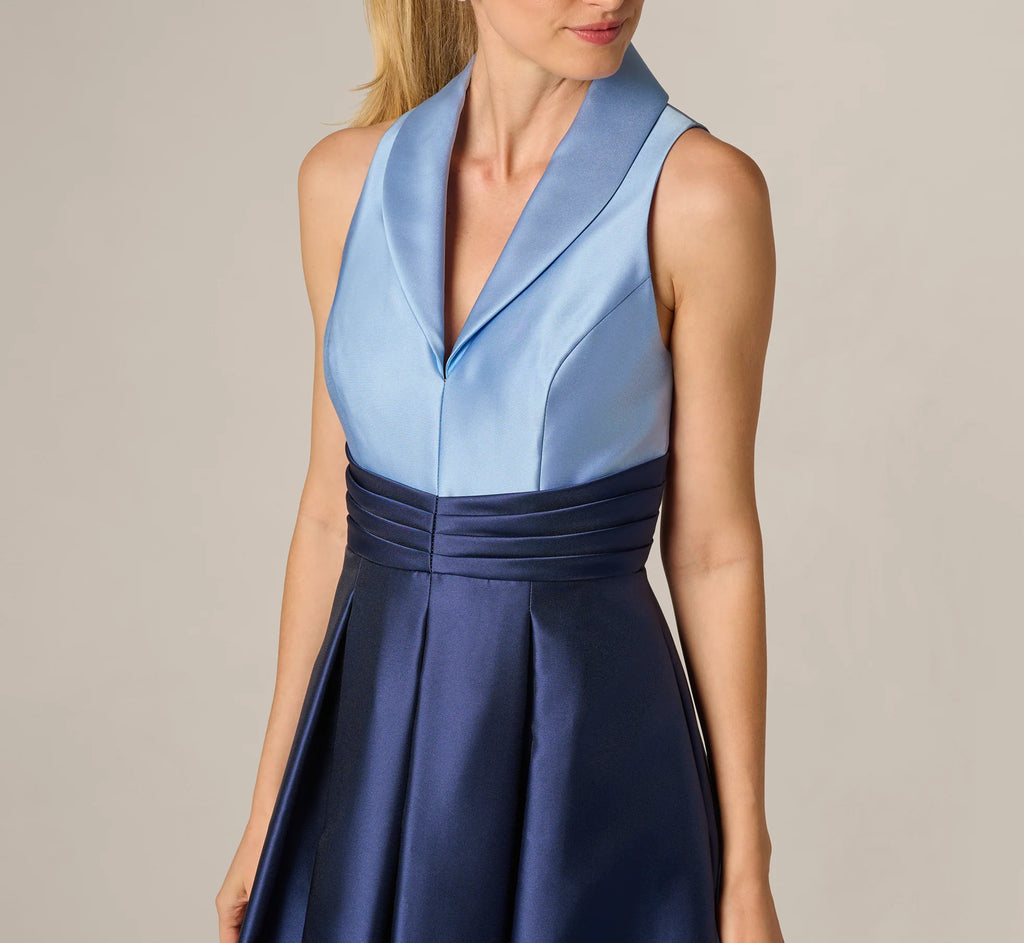 Sleeveless Color Block Tuxedo Ballgown In Icy Topaz Navy