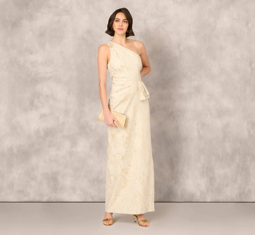 One Shoulder Metallic Stretch Jacquard Column Gown In Light Gold