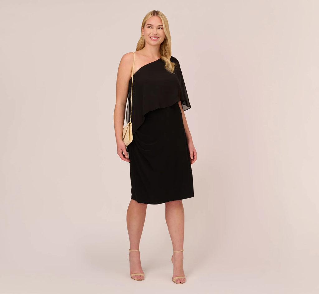 Plus Size One Shoulder Dress With Chiffon Cape In Black