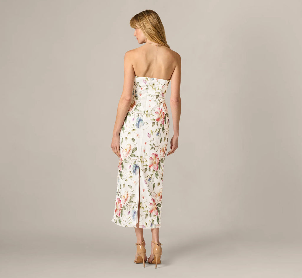 Strapless Floral Beaded Embroidery Midi Dress In Ivory Multi