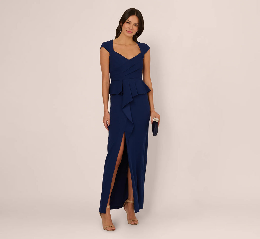 Cap Sleeve Draped Peplum Gown In Navy Sateen