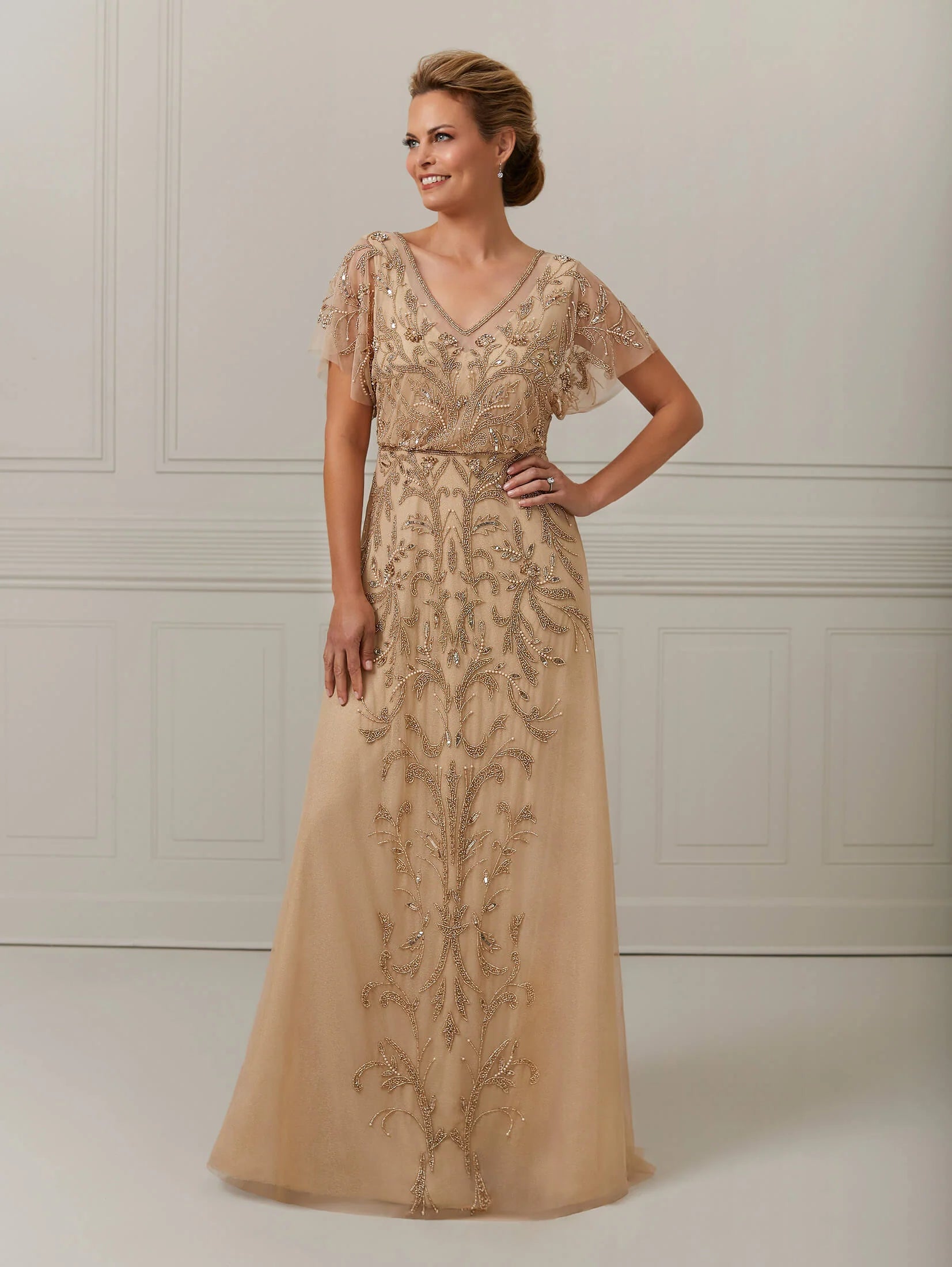 Ruffle Sleeve A-Line Gown with Illusion Trim
