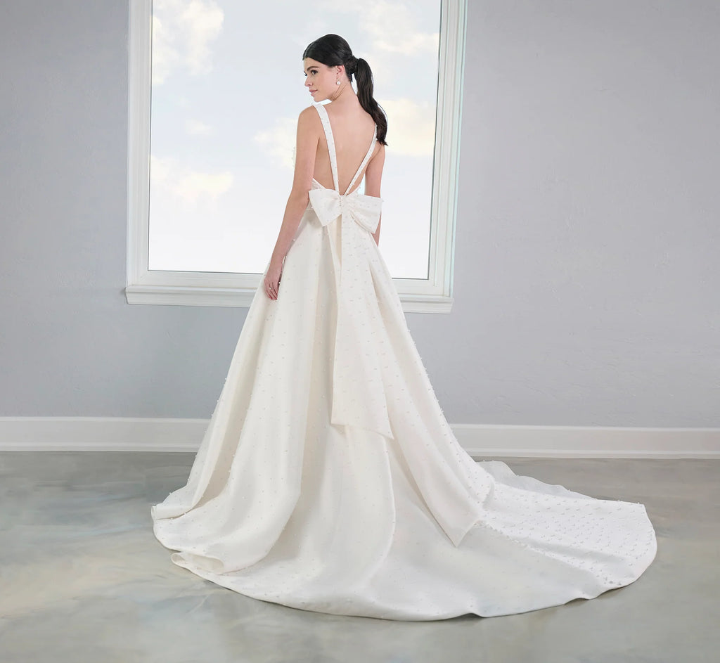 Pearl Studded Mikado A-Line Gown In Ivory Nude