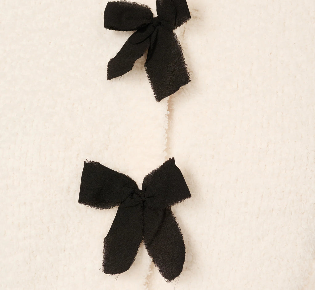Chenille Boucle Bow Cardigan In Ivory Black