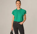 Double Flutter Sleeve Ruffle Neck Top In Vivid Green Broken Dot