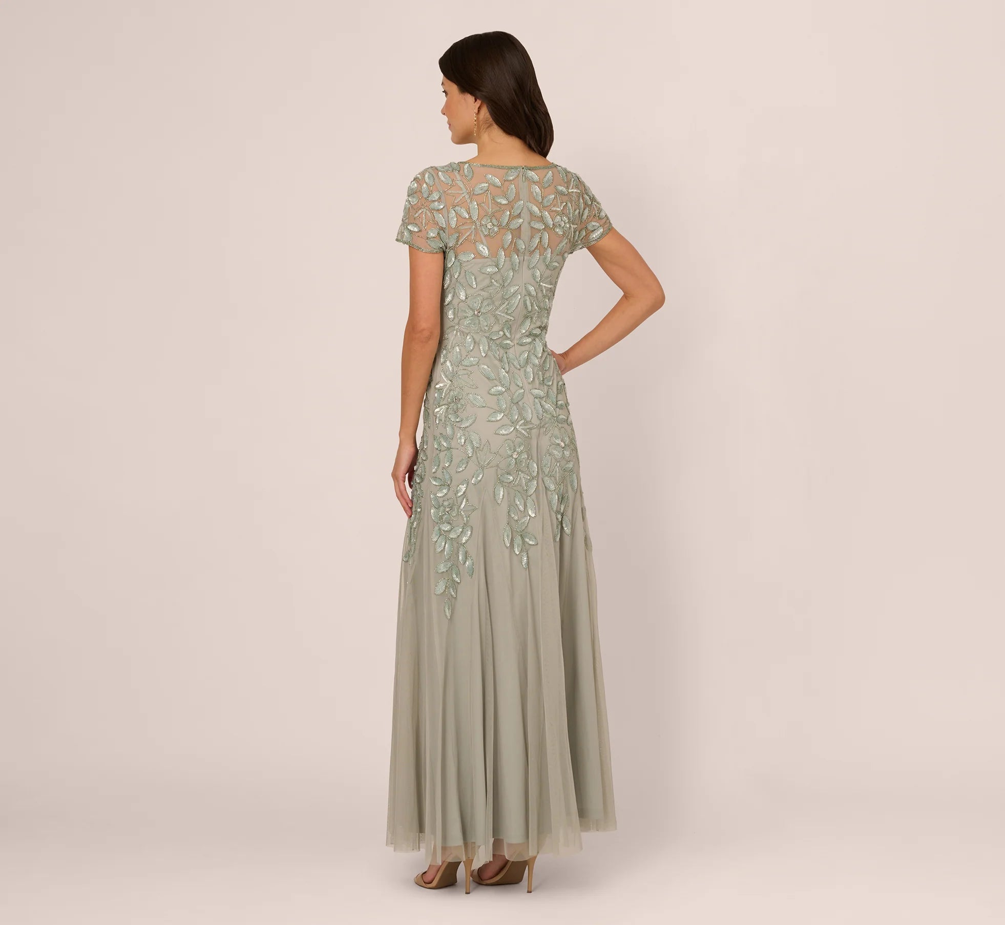 Hand Beaded Short Sleeve Floral Godet Gown In Frosted Sage