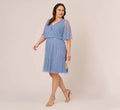 Plus Size Hand Beaded Illusion Faux Wrap Short Cocktail Dress In French Blue